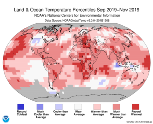 September-November Blended Land and Sea Surface Temperature Percentiles