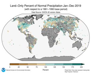 January-December 2019 Land-Only Precipitation Percent of Normal