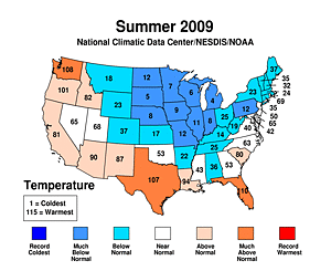 Summer 2009 Statewide Temperature Rank Map